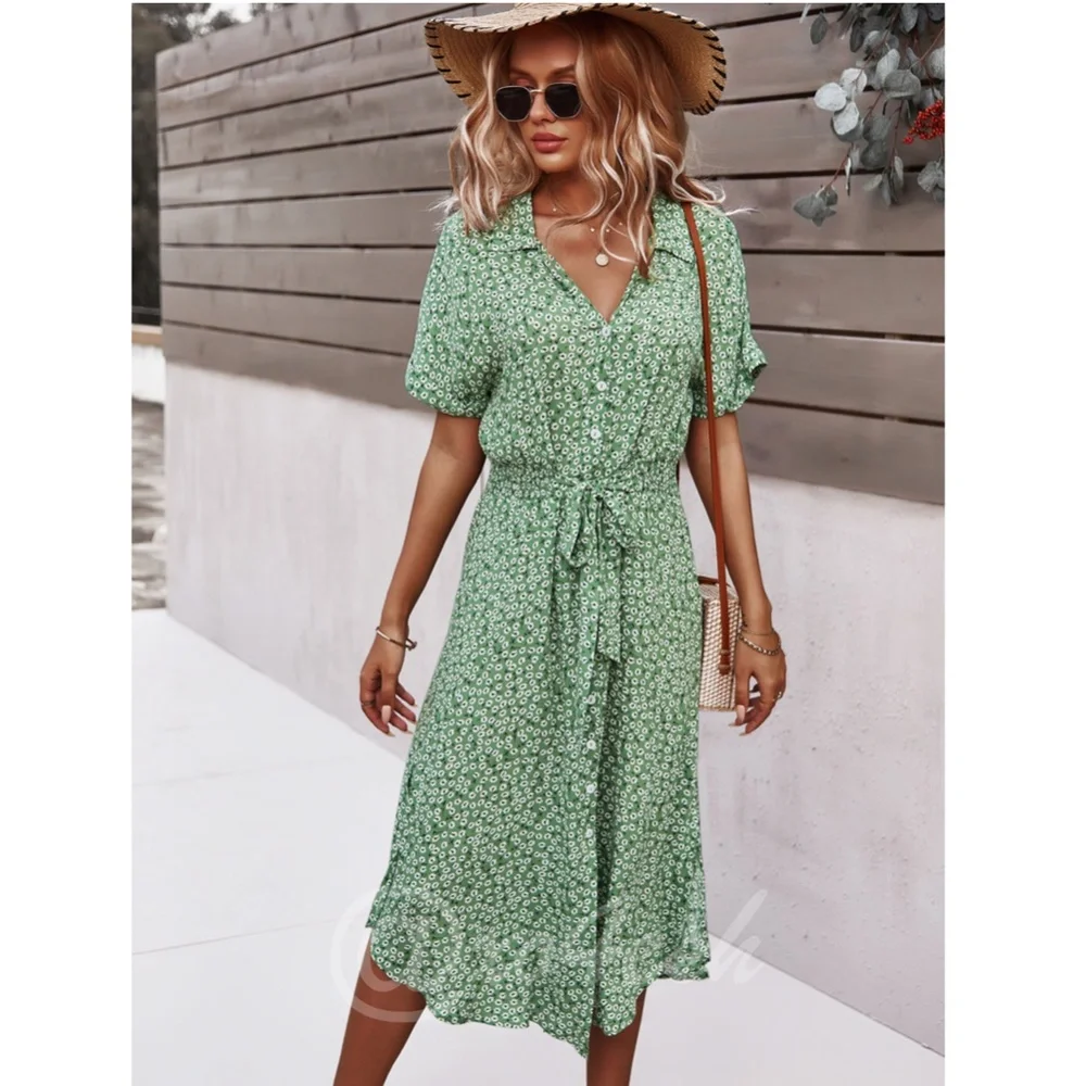 Green Floral Print Midi Dress Button Front V-Neck - Picture 5 of 16